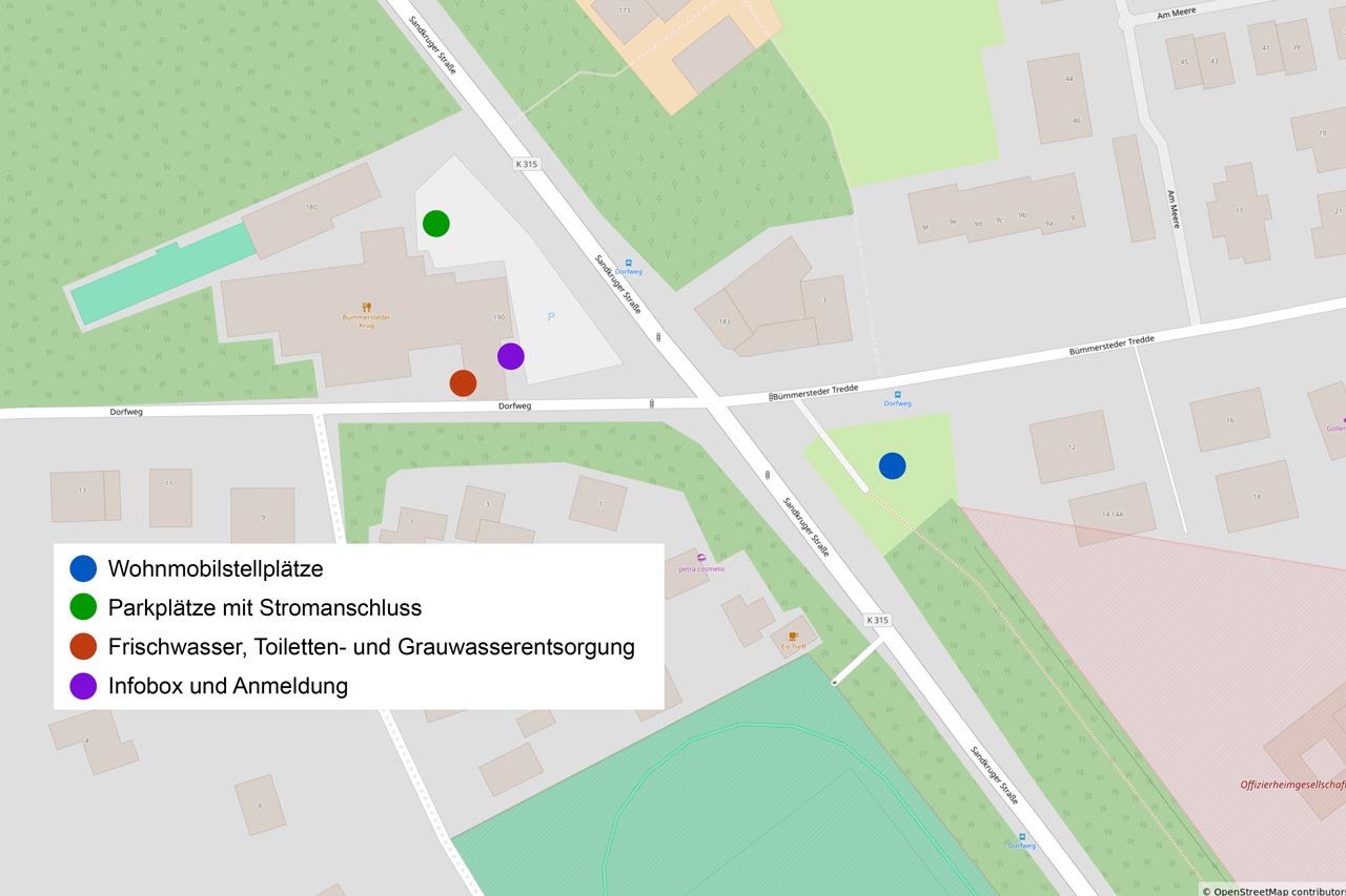 Übersicht der Wohnmobilstellplätze am Bümmersteder Krug, Infobox und Anmeldung sowie Frischwasser und Entsorgungspunkte.
